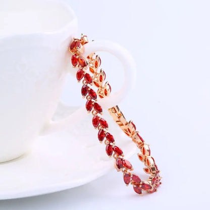 MxGxFam Rose Gold Color Full CZ Red Olive Leaves Bracelets For Women 17  cm / 19 cm AAA+ Cubic Zircon