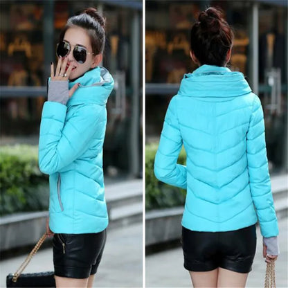 New women's cotton coat short outwear Standing collar zipper Jacket Drawstring slim  multicolor winter small tops warm handguard