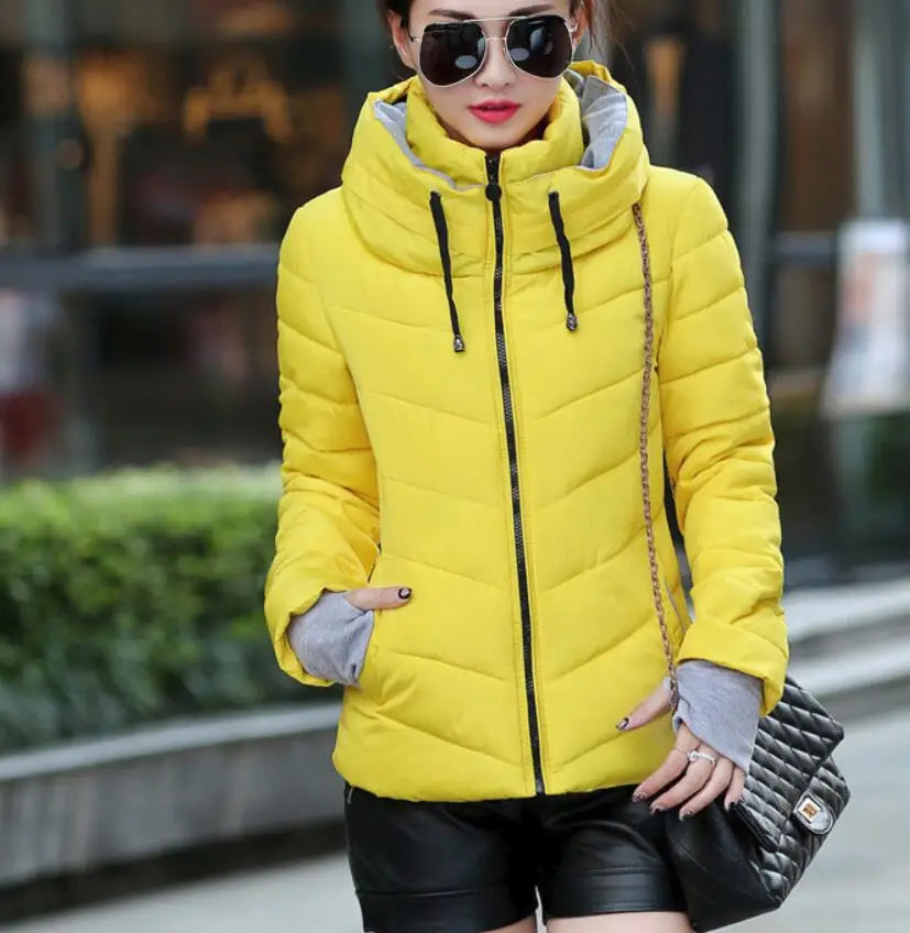 New women's cotton coat short outwear Standing collar zipper Jacket Drawstring slim  multicolor winter small tops warm handguard