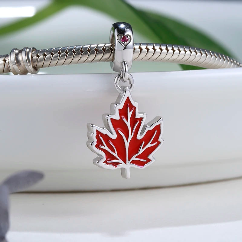 Spring Collection 100% 925 Sterling Silver Maple Leaf Red Enamel &cz Charm Bead Fit European Bracelet Diy Jewelry Free Shipping