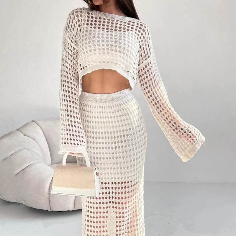 Spring and Summer Thin Knit Mesh Hollow-out Skirt  Dress Sets